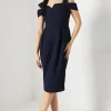 Notch Neck Bardot Detail Crepe Pencil Dress