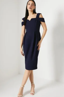 Notch Neck Bardot Detail Crepe Pencil Dress