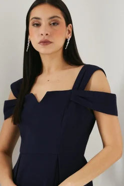 Notch Neck Bardot Detail Crepe Pencil Dress