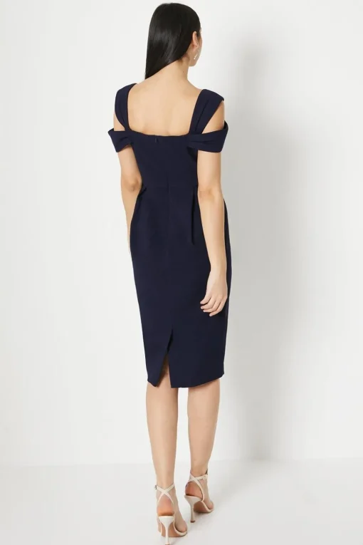 Notch Neck Bardot Detail Crepe Pencil Dress