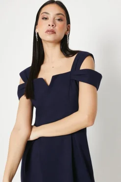 Notch Neck Bardot Detail Crepe Pencil Dress