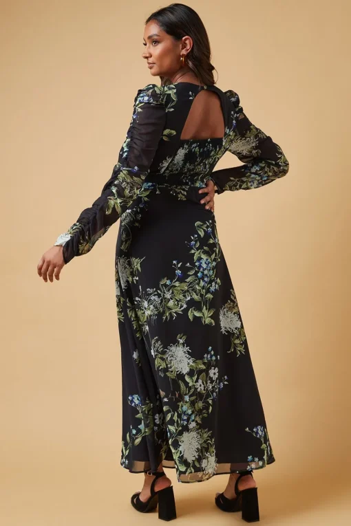 Occasion Abstract Floral Ruched Sleeve Midaxi Dress