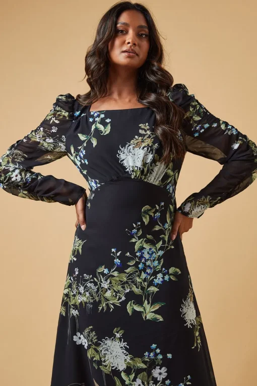 Occasion Abstract Floral Ruched Sleeve Midaxi Dress