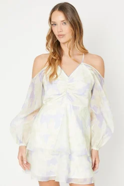 Occasion Blue Floral Organza Cold Shoulder Mini Dress