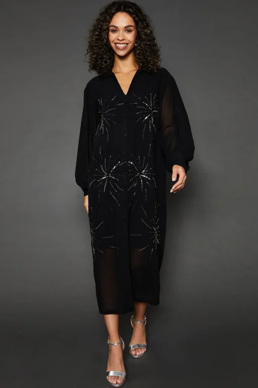 Occasion Embellished Sequin Midi Shirt Dress