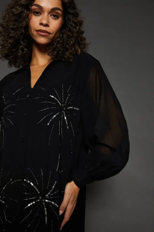 Occasion Embellished Sequin Midi Shirt Dress