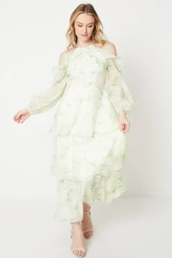 Occasion Floral Organza Cold Shoulder Midi Dress