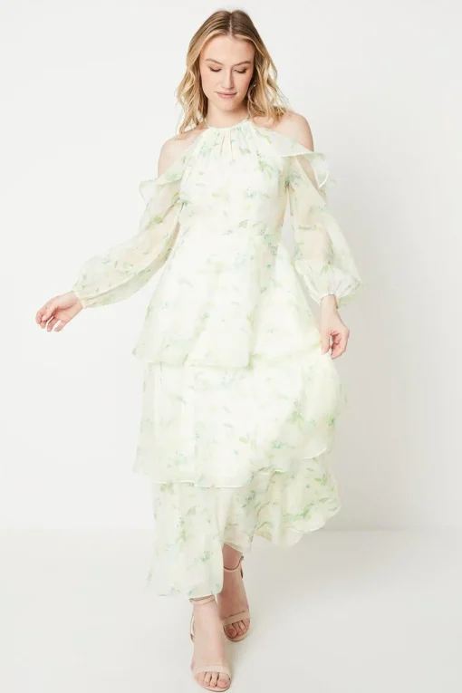 Occasion Floral Organza Cold Shoulder Midi Dress