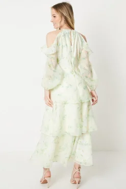 Occasion Floral Organza Cold Shoulder Midi Dress