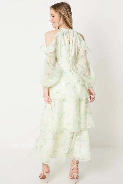 Occasion Floral Organza Cold Shoulder Midi Dress