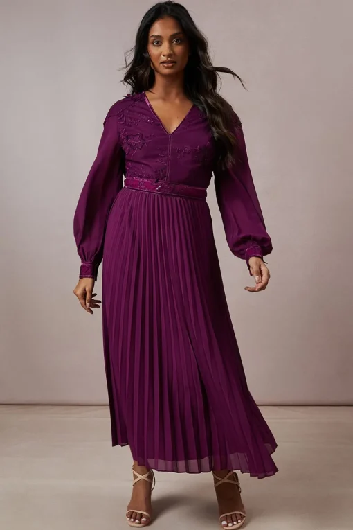 Occasion Floral Organza Pleated Midi Dress