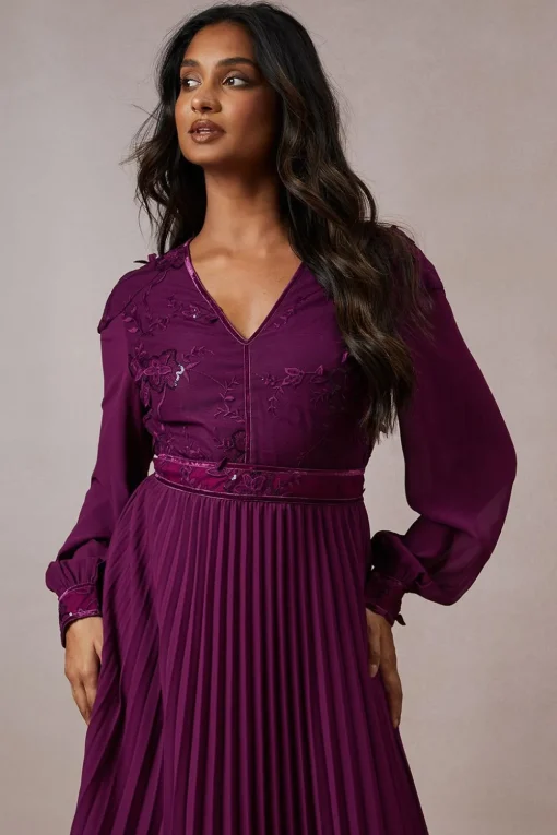 Occasion Floral Organza Pleated Midi Dress
