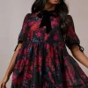 Occasion Floral Organza Velvet Trim Smock Dress
