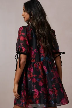 Occasion Floral Organza Velvet Trim Smock Dress