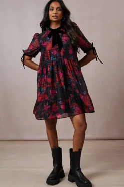 Occasion Floral Organza Velvet Trim Smock Dress