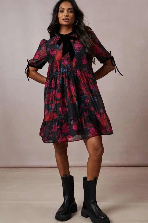 Occasion Floral Organza Velvet Trim Smock Dress