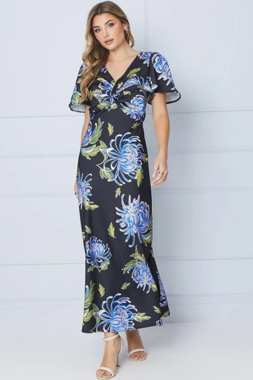 Occasion Floral Satin Twist Angel Sleeve Midi Dress