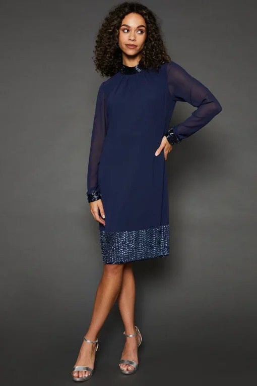Occasion Hand Embellished Sequin High Neck Shift Dress