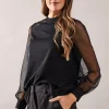Occasion High Neck Mesh And Lace Trim Blouse