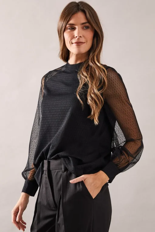 Occasion High Neck Mesh And Lace Trim Blouse