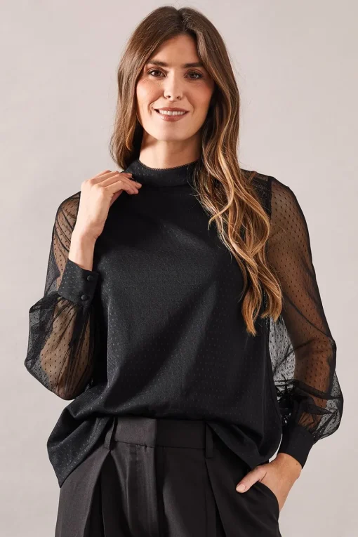 Occasion High Neck Mesh And Lace Trim Blouse