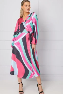 Occasion Printed Satin Wrap Midi Dress