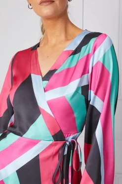 Occasion Printed Satin Wrap Midi Dress