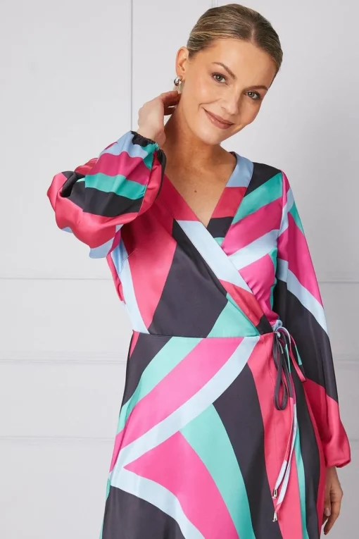 Occasion Printed Satin Wrap Midi Dress
