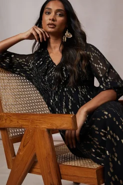 Occasion Shirred Ruffle Metallic Midi Dress