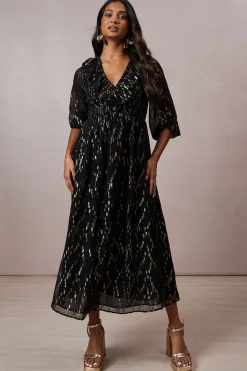 Occasion Shirred Ruffle Metallic Midi Dress