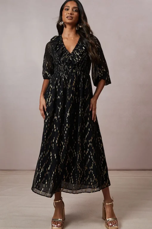 Occasion Shirred Ruffle Metallic Midi Dress