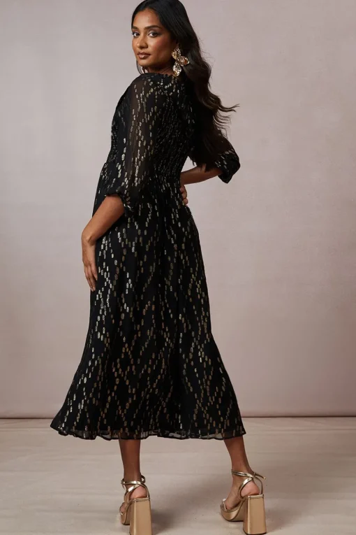 Occasion Shirred Ruffle Metallic Midi Dress