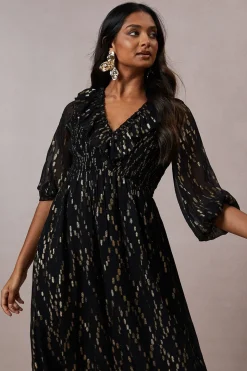 Occasion Shirred Ruffle Metallic Midi Dress