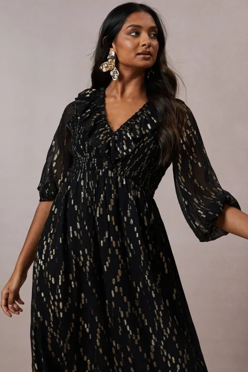Occasion Shirred Ruffle Metallic Midi Dress