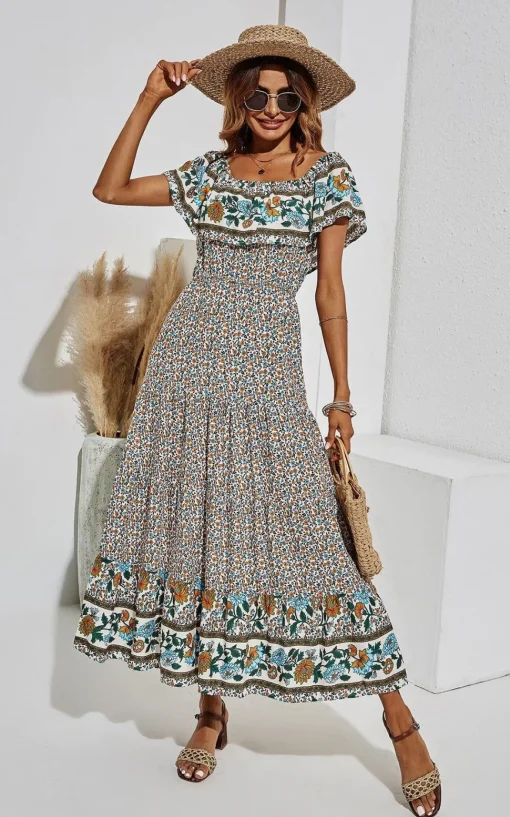 Off Shoulder Hem Detail Floral Print Midi Dress In Beige