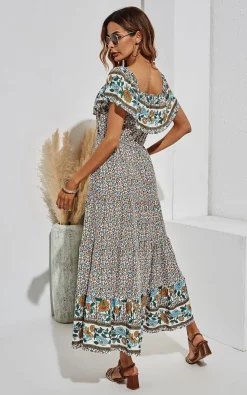 Off Shoulder Hem Detail Floral Print Midi Dress In Beige