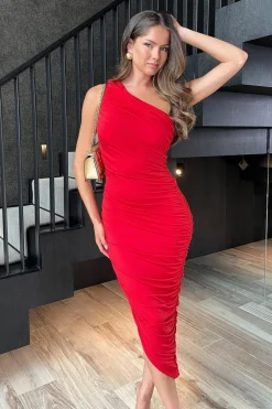One Shoulder Asymmetric Hem Ruched Midi Dress