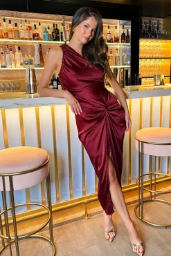 One Shoulder Knot Detail Satin Midi Dress