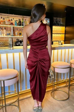 One Shoulder Knot Detail Satin Midi Dress