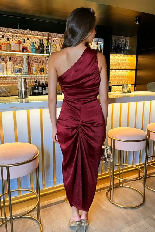 One Shoulder Knot Detail Satin Midi Dress
