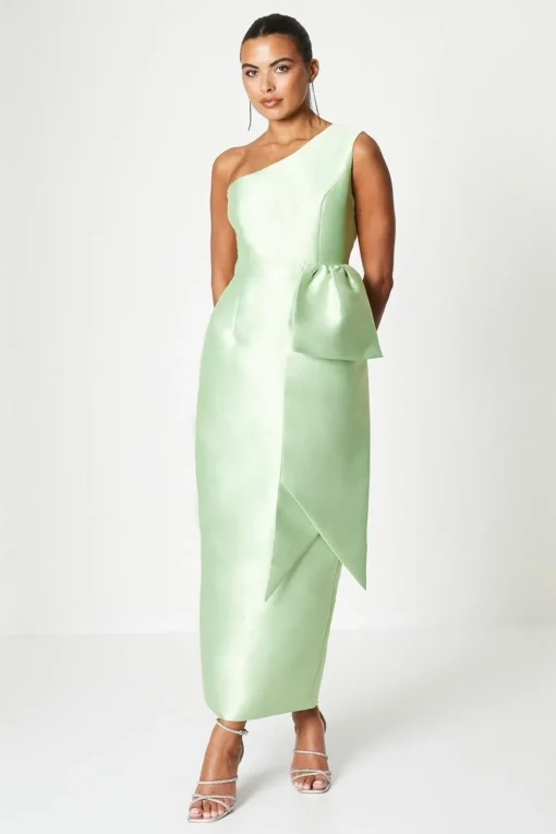 One Shoulder Statement Bow Twill Column Dress