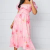 Organza Blurred Floral Pleated Midi Smock Dress