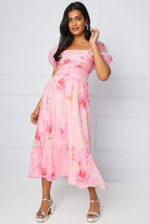 Organza Blurred Floral Pleated Midi Smock Dress