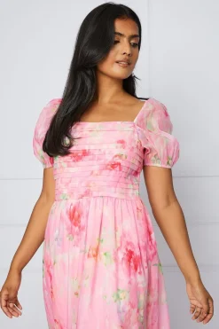 Organza Blurred Floral Pleated Midi Smock Dress