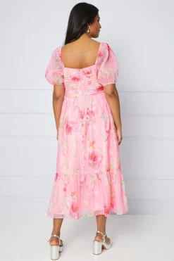 Organza Blurred Floral Pleated Midi Smock Dress