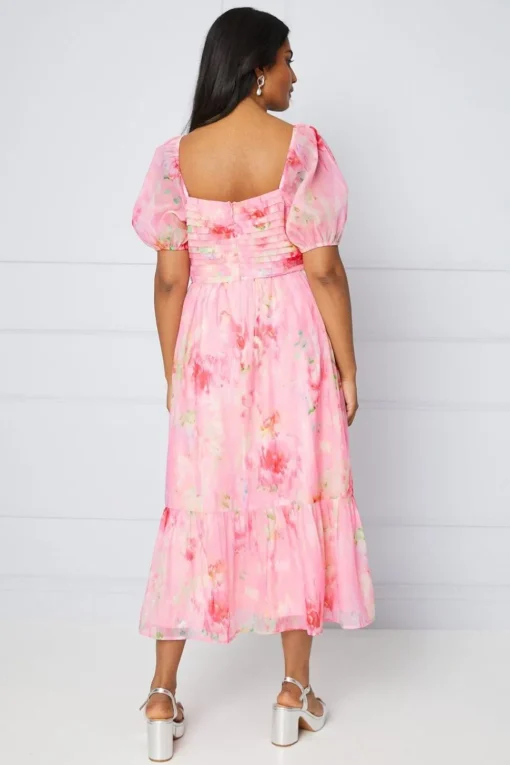 Organza Blurred Floral Pleated Midi Smock Dress