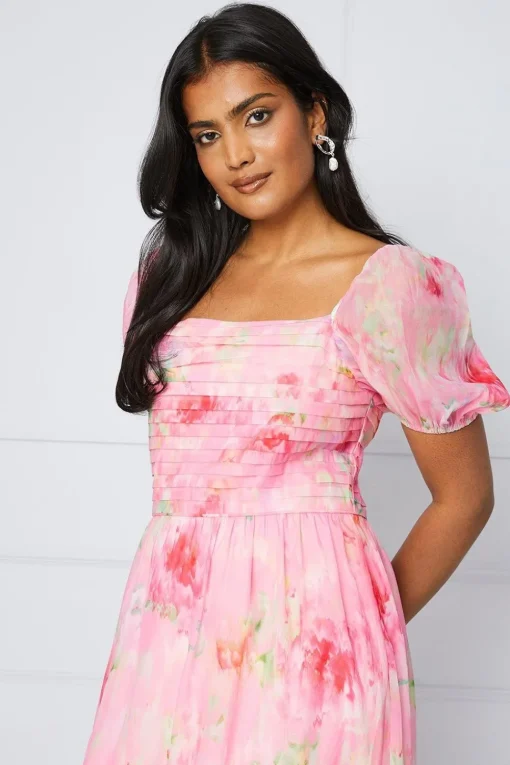 Organza Blurred Floral Pleated Midi Smock Dress