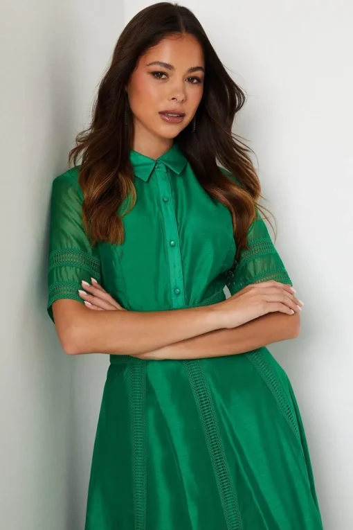 Organza Lace Trim Mix Shirt Dress