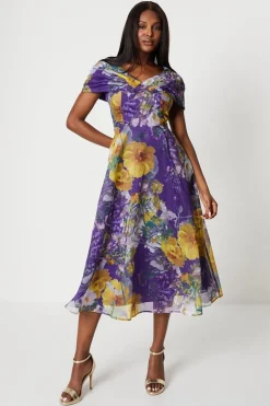 Organza Print Pleat Cape Detail Midi Dress