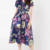 Organza Short Sleeve Printed Tie Waist Shirt Dress